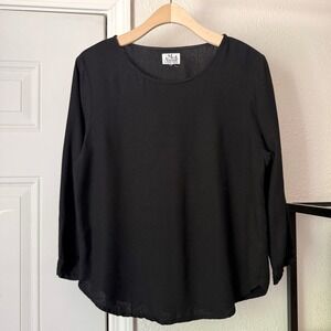 ME & ARROW black linen rayon boat crew long 3/4 sleeve cropped blouse shirt top